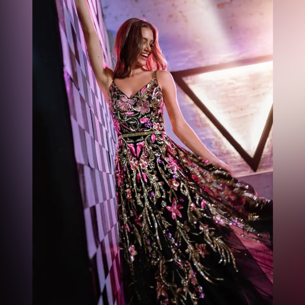 Mac Duggal Black and Pink Floral Maxi Dress